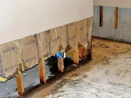 Drywall cut above the wet line, exposing insulation so the wall cavity can dry