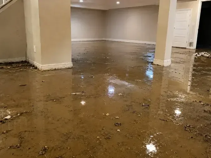 Standing water spread across a finished lower floor before extraction begins
