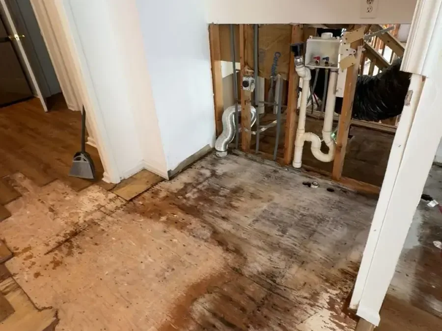 Wall opened around plumbing pipes with the soaked flooring pulled up