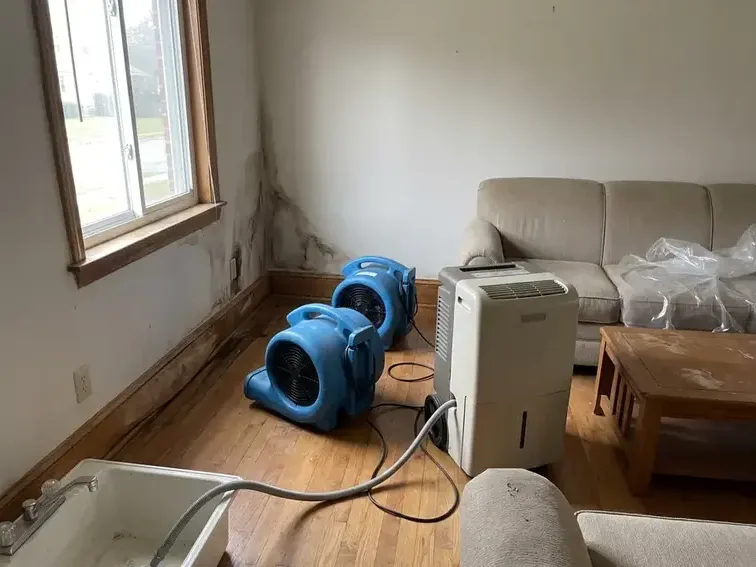 Air movers and a dehumidifier drying a living room after a water loss