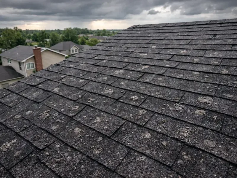Weathered asphalt shingles on a roof under storm clouds